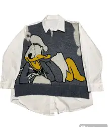 Disney Women Donald Duck Denim Shirt Vest Layered Sweater