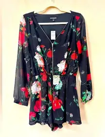 Express One Piece Floral Romper With Zipper V Neckline, Long Sleeve