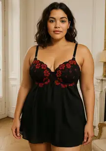 Victoria’s Secret Lace Embroidered Chiffon Chemise Nighty Black Red Sz 36 B/C