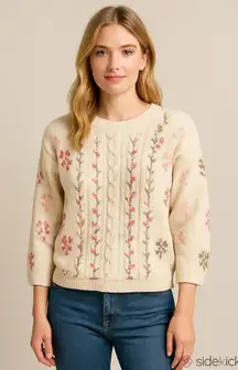 Vintage Cottagecore Cream Sweater with Pink Floral Accents