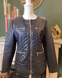 Cavalini Petite Collection Quilted Faux Leather Jacket Black Gold Zipper M
