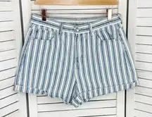 American Eagle Outfitters Striped High Rise Mom Jean Shorts Blue White 10 Cuffed