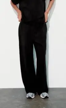 Zara Black Wide Leg Interlock Jogger Elastic Waistband Drawstring Women’s Size L