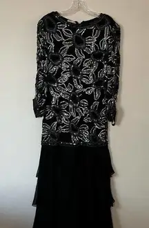 Vintage Sequins Drop Waist Dress Tiered Skirt Black Size Large