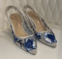 Betsey Johnson White and Blue Embroidered Heels