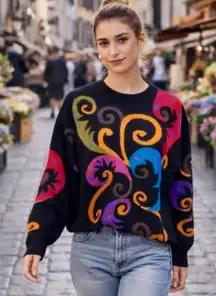 Vintage IB Diffusion Sport Abstract Lambswool Crazy 80s Design Sweater L