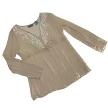Sheer Beige silk Long Sleeve Embroidered Blouse Tie Waist  flowy boho feminine m