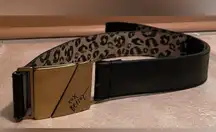 Betsy Johnson black/tan animal print belt with gold clasp and elastic back; 40”