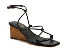 Katy Perry black irisia strappy wooden block wedge heel sandal matte black