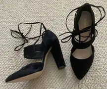BCBGeneration Black Block High Heels Ankle Wrap Around Straps Shoes Size 8.5
