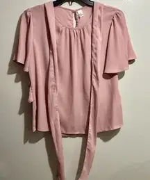 Pink Flutter Sleeve Relaxed Wrap Tie Front Blouse (982)
