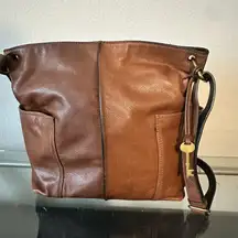 Fossil  Purse Camel Brown Cow Hide Leather Shoulder Bag Gold Hardware Cognac