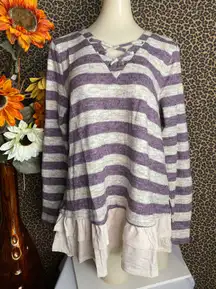 ✅3/$30✅ NWT  Grape Striped Long Sleeve Lace Up Ruffle BabyDoll Top | LARGE |