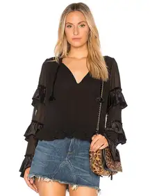 Emeline Black Velvet Ruffle Long Sleeve Blouse