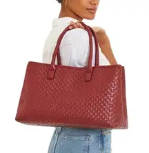 Lulu Dharma Burgundy Woven Tote Weekender Travel Bag Vegan Leather