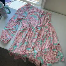 NWOT Women’s pink turquoise paisley‎ print one-shoulder ruffle hem mini dress XL