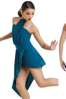 Weissman teal jersey dress with an asymmetrical hemline and halter neckline SM