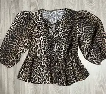 Leopard Print Peplum Blouse Size L | Puff Sleeve Tie Front Animal Print Top
