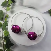 Large Silver Statement Hoop Earrings with Fuchsia Pink Sequin Disco Ball New