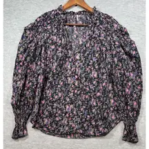 Free People Meant to Be Blouse‎ M  Black Floral Puff Boho Romantic