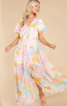 Boutique Floral Pastel Short Sleeve Button Front Chiffon Maxi Dress Small