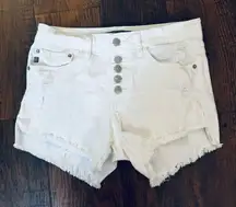 JUST USA white denim button fly distressed shorts, size M