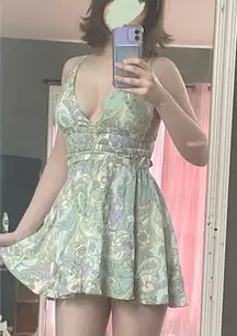 Green and purple paisley y2k print mini dress 