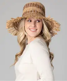 San Diego Hat Company Brown/Tan Straw Hat Frayed Edge Bucket Hat NWT