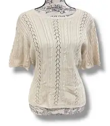 Orvis Women's Size M Ivory Silk Crochet Knit Short Sleeve Sweater Cottagecore