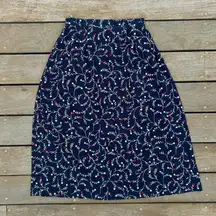 Vintage Navy Blue w/ Red/White Floral Cricket Lane Chiffon Midi Skirt