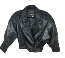 Whimsigoth Edgy Vintage Black Genuine Leather Cropped Moto Biker Jacket Textured