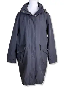 LANDS END Outer Shell Black Raincoat with Hood and Drawstring Waist