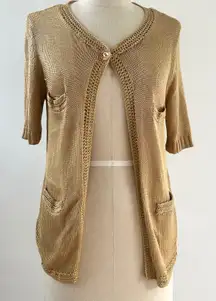 Gold Knit Cardigan Pockets Button Front Metallic Cottagecore Top‎