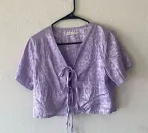 Romwe lavender lilac purple short sleeve printed crop tie up top shirt