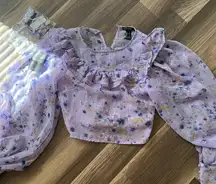 Floral Ruffled Feminine Cropped LS Sheer Top Purple small NWOT