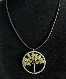 Bohemian Silver-Tone Tree Pendant Green Brown Stones with 18” Leather Cord Neckl