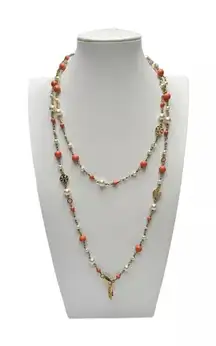 Tory Burch Faux Pearl & Resin Evie Logo good orange Convertible  Necklace $258