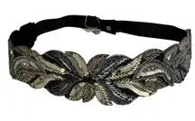 Silver Beaded Embroidered Boho Festival Floral Belt  Elastic Waistband NWT