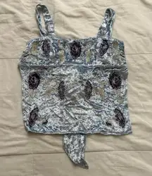 Urban Outfitters baby blue crushed velvet floral cross stitch tie back crop top