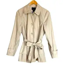 Cynthia Rowley tan tiered ruffle hem trench coat jacket lightweight petite large