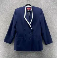 Vintage Blazer Womans 14 Navy V‎ Sharp Contrasting Trim USA Double Breasted