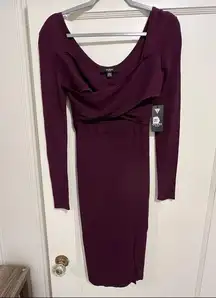 GUESS Maroon Purple Ribbed Knit Long Sleeve Criss Cross Bodycon Sweater Dress S
