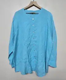 Flax Aqua Blue Long Sleeve Button Down ShirtRoll Tab Sleeves 1X Linen‎ Lagenlook