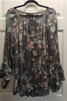 Fred David Size 2X Gray Floral Long Layered Sleeve Tie Neck Romantic Boho Top