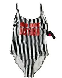 No Boundaries NEW  Do Not Disturb Black White Stripe Cheeky High Leg Swimsuit M