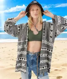 NEW BDG Cruz Hooded Cardigan Black and White Hippie Peace & Love Patterned XS