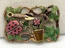 Vintage 3D Enamel Garden Scene Ladybug Flower Pot Gold Tone Rectangle Brooch Pin
