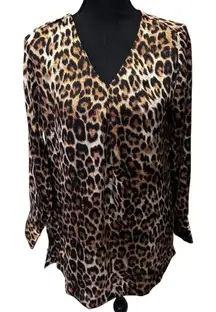 Chico's Women Leopard Print Long Sleeve Pull Over Tunic Shirt Size 0 4/6 Cuffs‎