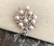 Vintage Silver Tone Faux Pearl Rhinestone Brooch