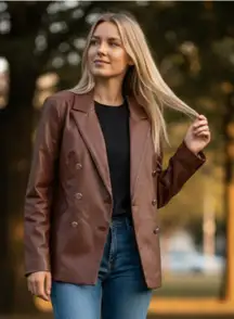 NWT MARC NEW YORK FAUX LEATHER BLAZER WITH GOLD BUTTON IN COLOR CHOCOLAT…